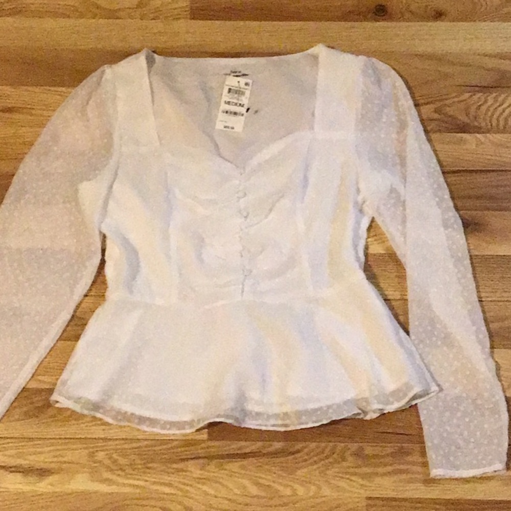 Bar III White Ruched Peplum Blouse with Long Cuffed Sleeves